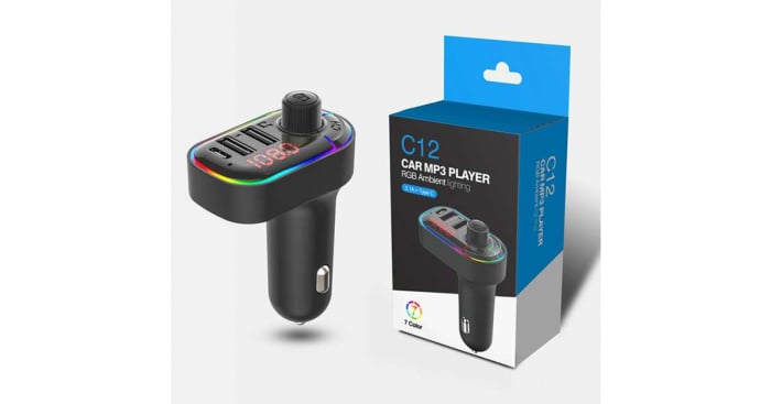 Modulator Auto FM Bluetooth 5.0 cu Încărcare Rapidă, Microfon, Afișaj LED și Lumină RGB – Vânzare Engros [4]