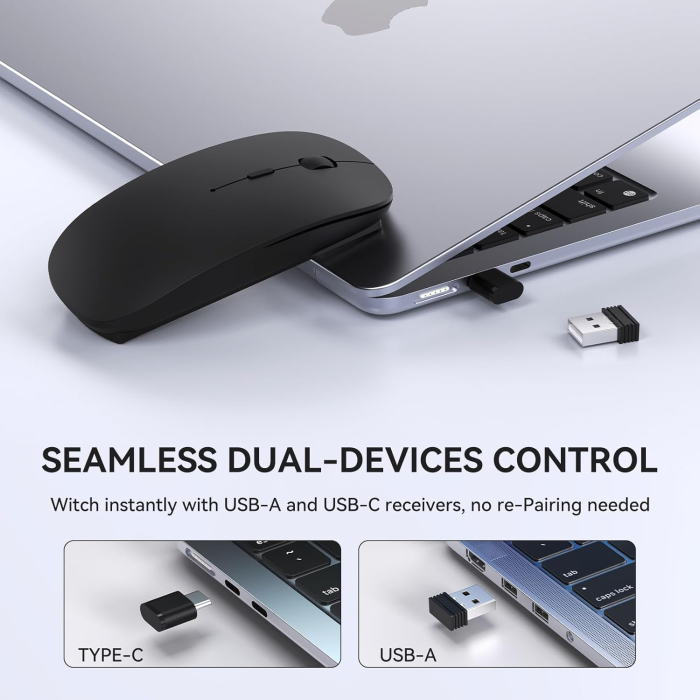 Mouse Wireless Reîncărcabil USB Type-C, cu Receptor USB-A și USB-C, Clic Silențios, Design Ergonomic și Portabil, Compatibil cu MacBook Air, Laptop, PC și Desktop, Negru [4]