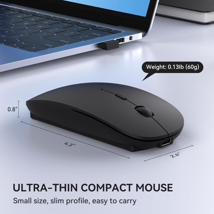 Mouse Wireless Reîncărcabil USB Type-C, cu Receptor USB-A și USB-C, Clic Silențios, Design Ergonomic și Portabil, Compatibil cu MacBook Air, Laptop, PC și Desktop, Negru [3]