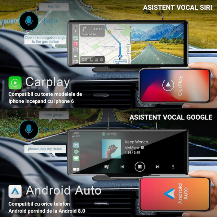Navigatie Auto Multimedia, Display 10.26 inch, Camera inregistrare fata + spate inclusa, Ecran IPS HD full-touch, CarPlay/Android Auto, Wireless, MirrorCast, Split-screen, Negru-engross [4]