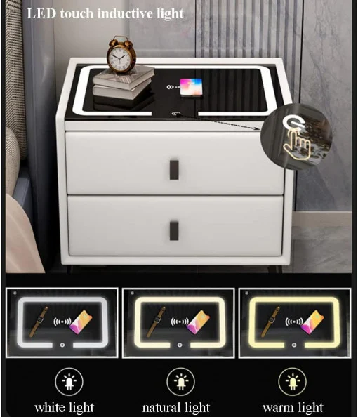 Noptieră Smart Multifuncțională Premium cu LED Tactil, Încărcare Wireless Qi, USB-C și Difuzor Bluetooth, 50 x 40x 46 cm [2]