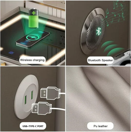 Noptieră Smart Multifuncțională Premium cu LED Tactil, Încărcare Wireless Qi, USB-C și Difuzor Bluetooth, 50 x 40x 46 cm [4]