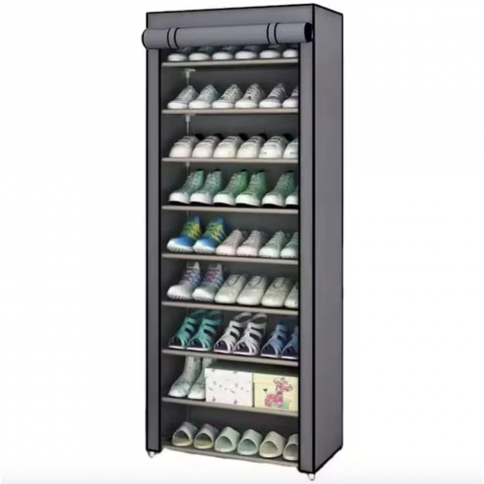 Organizator pentru pantofi, din material textil si metal, cu 9 rafturi, dimeniuni 58X30X158 cm, demontabil, gri-engross [1]