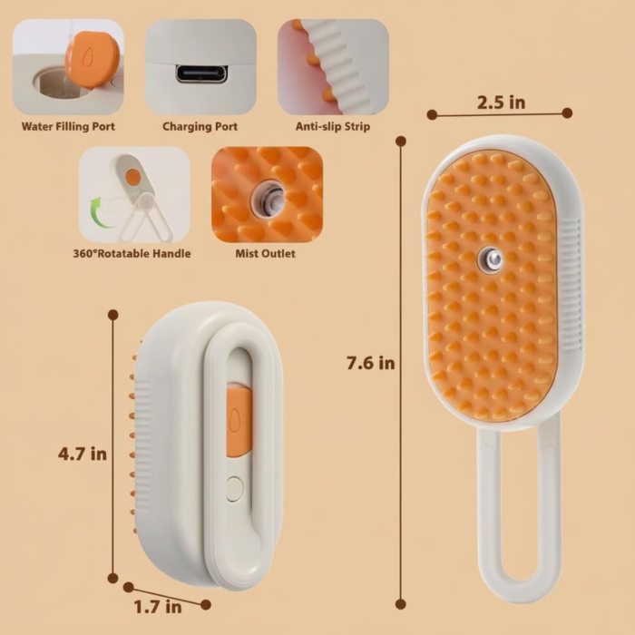 Perie cu abur 4 în 1 pentru câini și pisici, cu pulverizare și îndepărtare a părului, mâner rotativ 360°, pieptene din silicon pentru masaj și îngrijire multifuncțională [7]