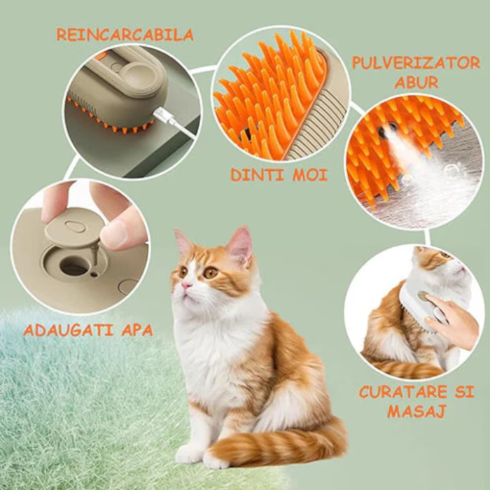 Perie Electrică cu Abur 3-în-1 pentru Pisici și Câini, Antistatică, Reîncărcabilă USB-C, Masaj & Curățare Blană [2]