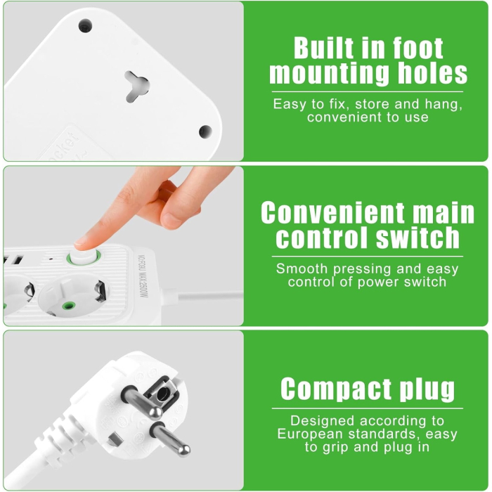 Prelungitor cu Încărcare Rapidă Fast Charge, 3 Prize Schuko, 4 Porturi USB + 1 Port USB-C PD, Protecție la Supratensiune, Întrerupător ON/OFF, Protecție pentru Copii, Antistatic, Cablu 2 m, ABS, Alb [3]