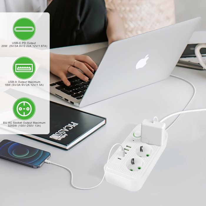 Prelungitor cu Încărcare Rapidă Fast Charge, 3 Prize Schuko, 4 Porturi USB + 1 Port USB-C PD, Protecție la Supratensiune, Întrerupător ON/OFF, Protecție pentru Copii, Antistatic, Cablu 2 m, ABS, Alb [2]