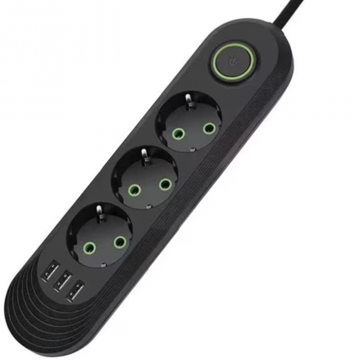 Prelungitor Universal cu 3 Prize, 2 Porturi USB, Suport de Agatare Incorporat, Rezistent la Temperaturi Inalte, 2 Metri, Negru/alb engross [1]