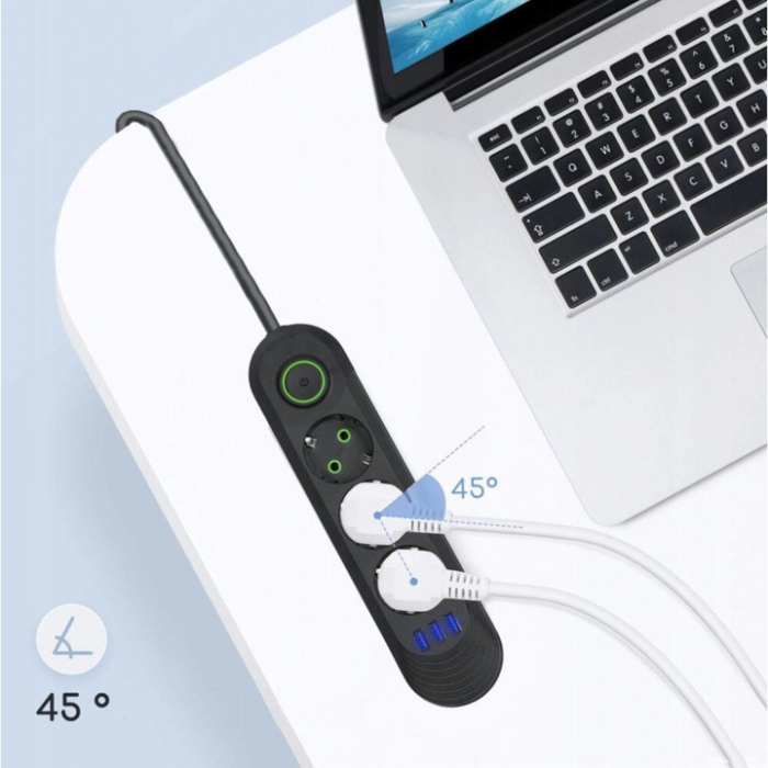 Prelungitor Universal cu 3 Prize, 2 Porturi USB, Suport de Agatare Incorporat, Rezistent la Temperaturi Inalte, 2 Metri, Negru/alb engross [8]