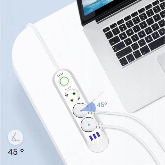 Prelungitor Universal cu 3 Prize, 3 Porturi USB, 3 m, Suport de Agatare Incorporat, Rezistent la Temperaturi Inalte [4]
