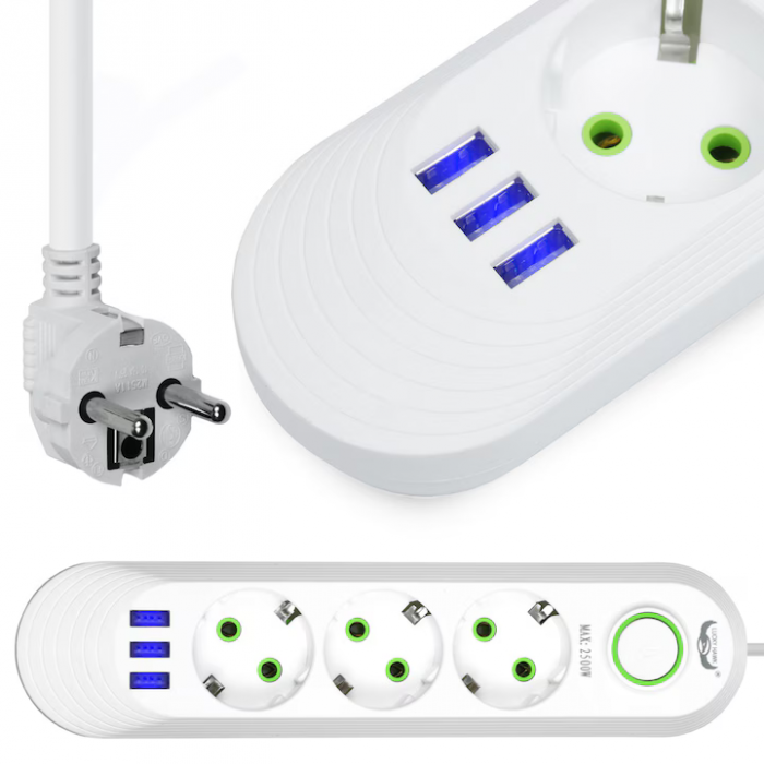 Prelungitor Universal cu 3 Prize, 3 Porturi USB, 3 m, Suport de Agatare Incorporat, Rezistent la Temperaturi Inalte [2]