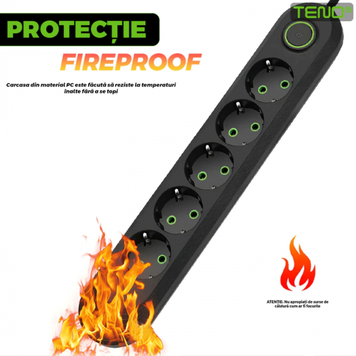 Prelungitor Profesional 5 Prize + 3 USB, Protecție Supratensiune, LED, 2500W, Negru/Alb [8]