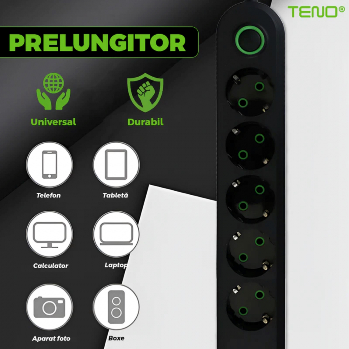 Prelungitor Profesional 5 Prize + 3 USB, Protecție Supratensiune, LED, 2500W, Negru/Alb [6]