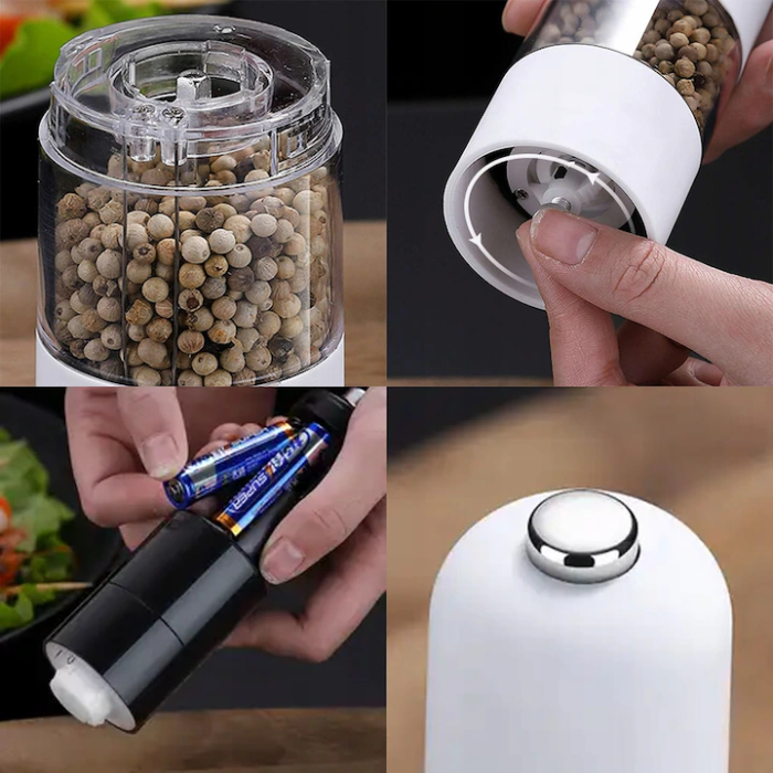 Râșniță Electrică cu Reglaj al Granulației – Mecanism Ceramic Durabil, LED Integrat, 23x5 cm, Funcționare cu Baterii AA, Negru/Alb [5]