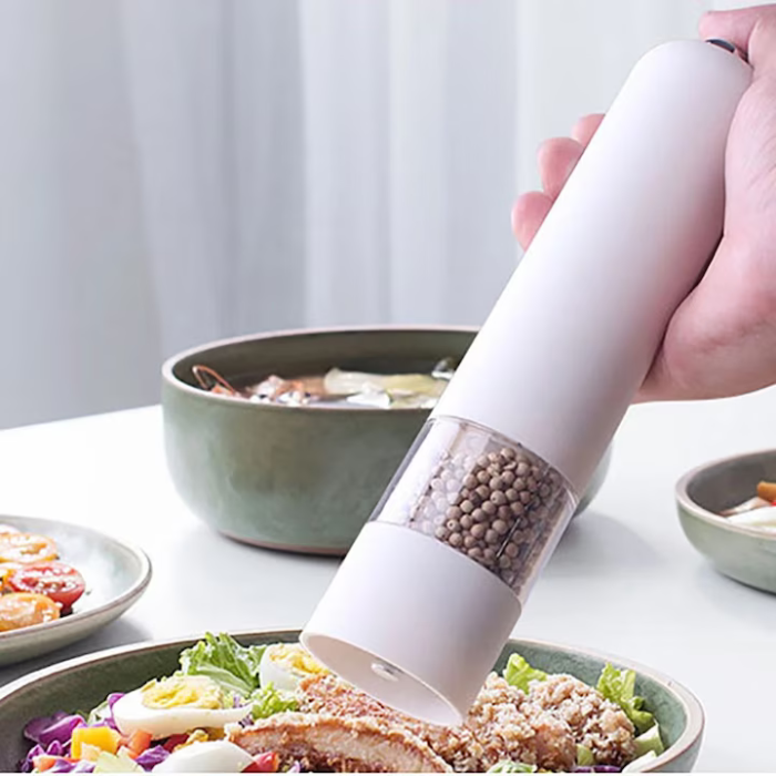 Râșniță Electrică cu Reglaj al Granulației – Mecanism Ceramic Durabil, LED Integrat, 23x5 cm, Funcționare cu Baterii AA, Negru/Alb [4]