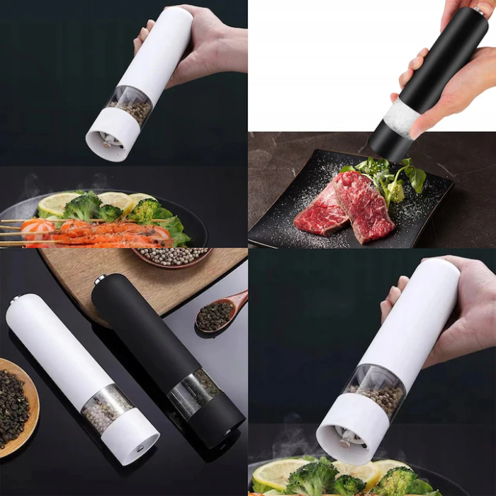 Râșniță Electrică cu Reglaj al Granulației – Mecanism Ceramic Durabil, LED Integrat, 23x5 cm, Funcționare cu Baterii AA, Negru/Alb [8]