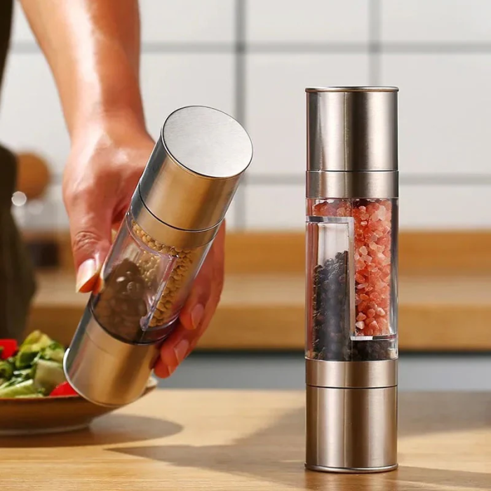 Râșniță manuală 2 în 1 sare/piper, reglaj granulație, mecanism ceramic, compartimente transparente, inox, argintiu [7]