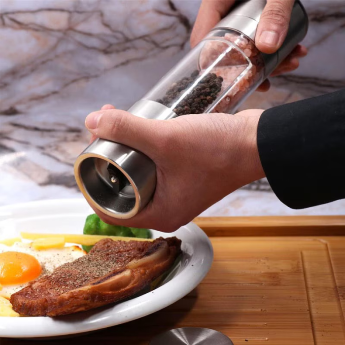 Râșniță manuală 2 în 1 sare/piper, reglaj granulație, mecanism ceramic, compartimente transparente, inox, argintiu [4]
