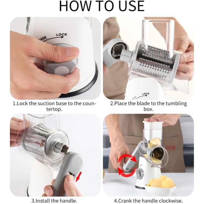 Răzătoare Manuală cu Manivelă, Inox Alimentar 430, 3 Lame Interschimbabile, Sistem cu Ventuză, Fără BPA – Alb [9]