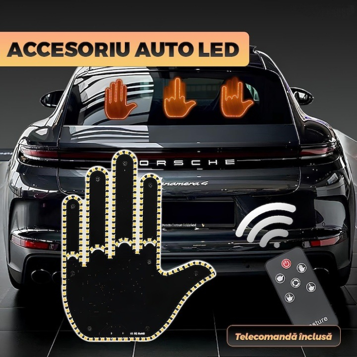 Semn LED Auto cu Telecomandă Wireless, Tip Mână – 4 Moduri Iluminare, Compatibilitate Universală, Negru/Portocaliu [5]