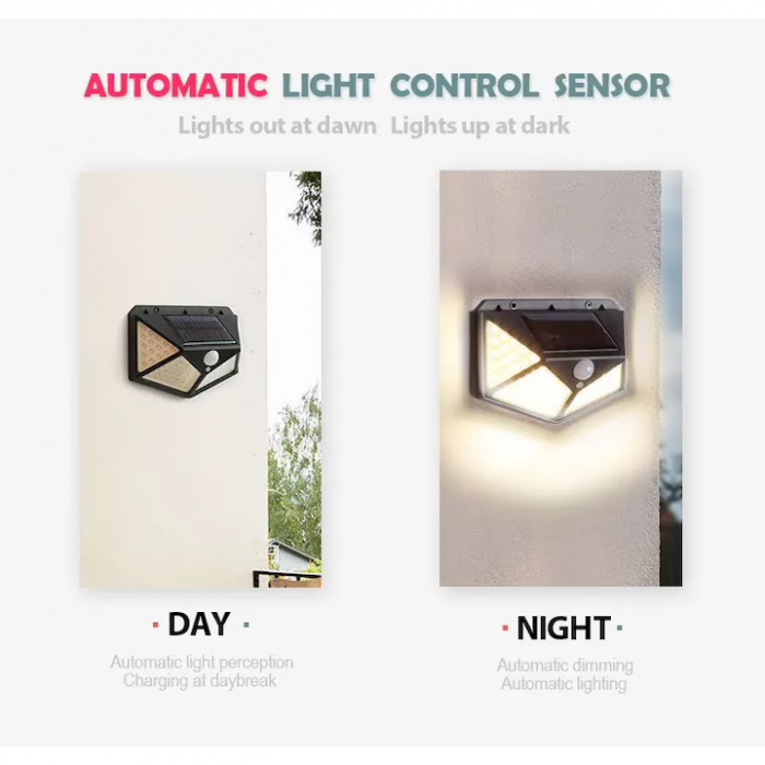 Lampa Solară 100 LED-uri cu Senzor de Mișcare, Model Nou, Rezistentă la Apă, 3 Moduri de Iluminare, Autonomie Mare - Ideală pentru Grădină și Spații Exterioare” engross [3]