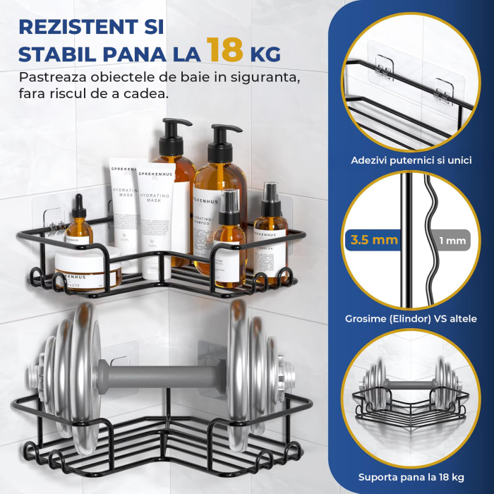 Set 5 Rafturi de Duș Elindor, Etajeră Colț cu Adeziv, Suport Sapun și Prosop, 16 Cârlige, Otel Carbon Negru, Organizator Multifuncțional Baie [3]