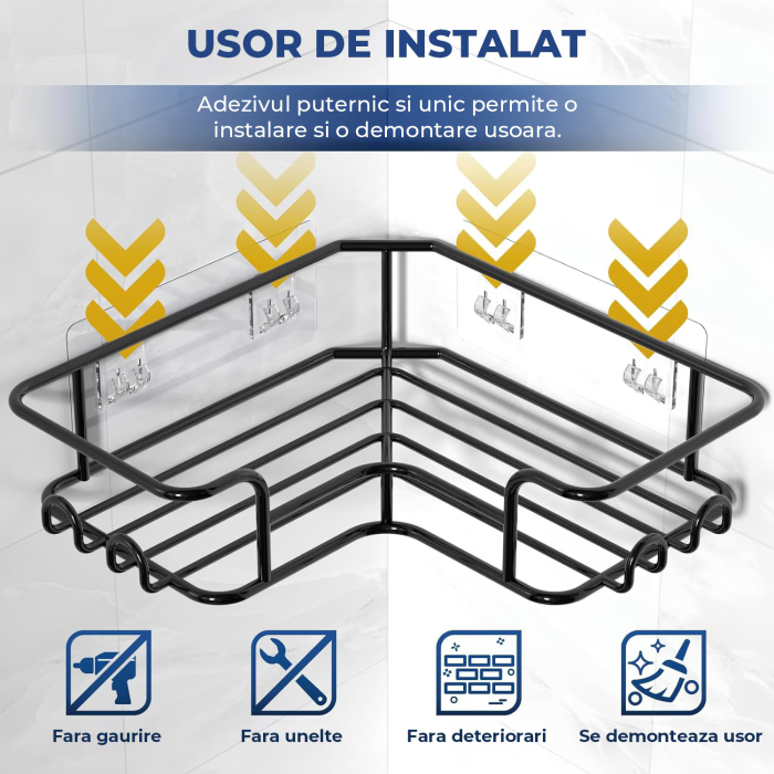 Set 5 Rafturi de Duș Elindor, Etajeră Colț cu Adeziv, Suport Sapun și Prosop, 16 Cârlige, Otel Carbon Negru, Organizator Multifuncțional Baie [4]