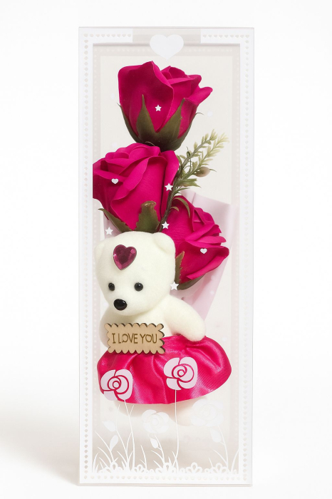 Set Cadou Ursuleț de Plus + Flori din Săpun – 3 Culori (Roșu, Roșu Închis, Roz Închis) engross [2]