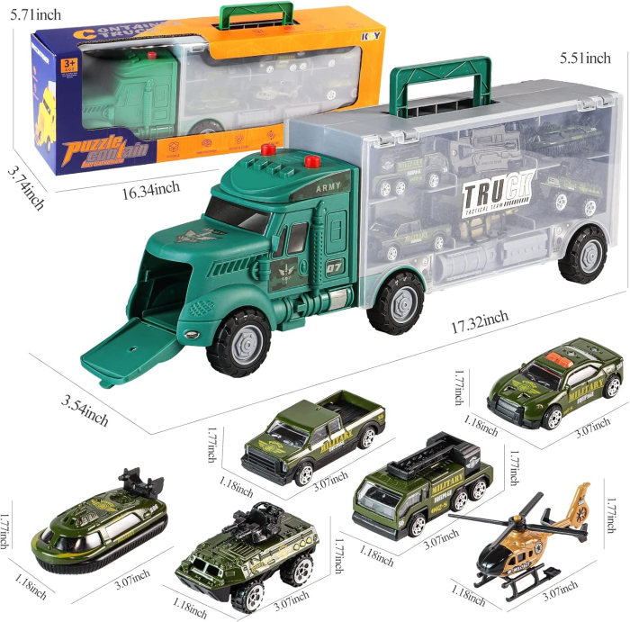 Set de Jucării Camion Militar 17 în 1 cu Covoraș de Joacă, Mini Vehicule Militare, Sunet și Lumină, 8-12 Ani engross [2]