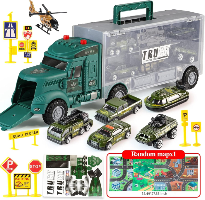 Set de Jucării Camion Militar 17 în 1 cu Covoraș de Joacă, Mini Vehicule Militare, Sunet și Lumină, 8-12 Ani engross [3]