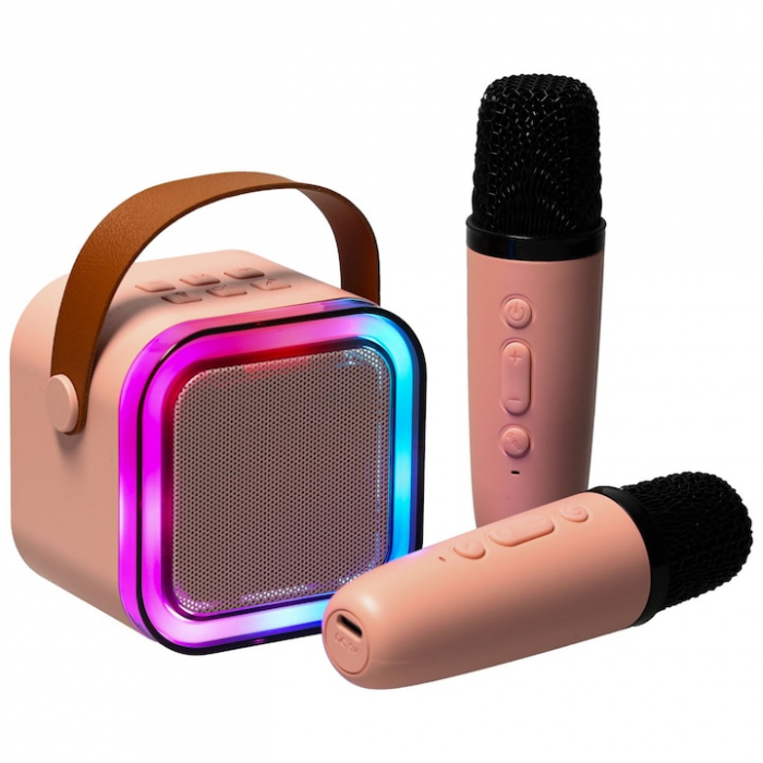 Set Karaoke cu 2 Microfoane și Boxă Portabilă Roz, 6W engross [1]