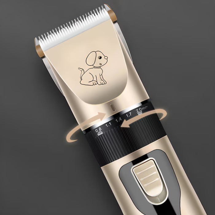 Set mașină tuns animale 12 piese, fără fir, 9W, lame ceramică și titan, 4 piepteni 3–12 mm, 90 min autonomie, auriu/negru [9]