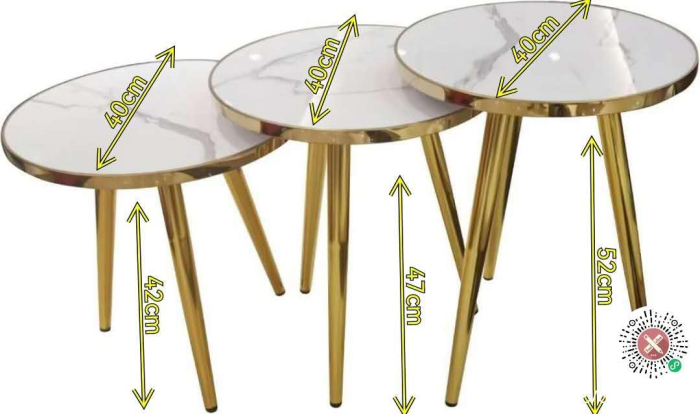 Set Mese Rotunde de Cafea 3 Bucăți, Suprapuse, Alb cu Accente Auriu, Compacte pentru Living, Dormitor și Balcon, Montaj Rapid cu Unelte Incluse [2]