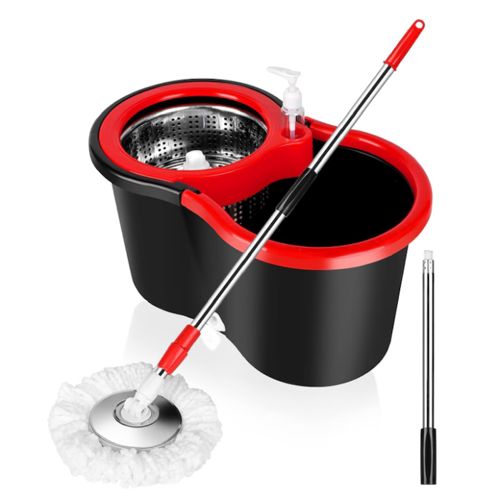 Set Mop Rotativ cu Găleată și Sistem de Stoarcere, Mâner Reglabil 155 cm din Oțel Inoxidabil, Capacitate 8L, Rosu-Negru, Include 5 Rezerve [7]