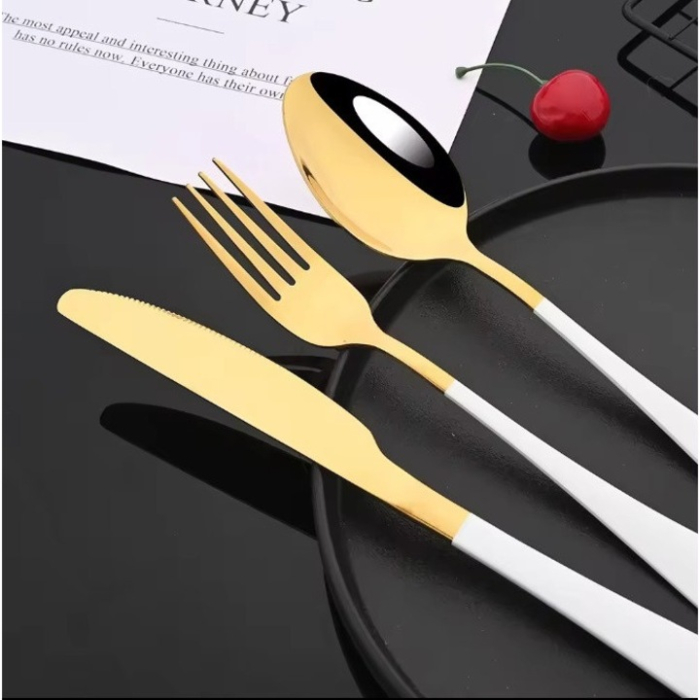 Set Tacamuri 24 Piese, Oțel Inoxidabil, Auriu/Alb, Pentru 6 Persoane, Design Subțire și Elegant, Cutit Zimțat, Furculițe și Linguri, Finisaj Luxos [5]