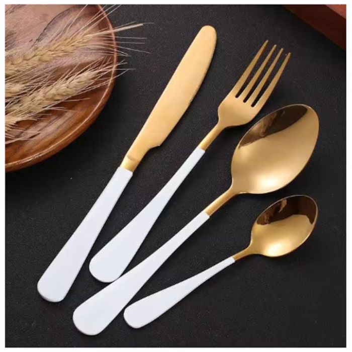 Set Tacamuri 24 Piese, Oțel Inoxidabil, Auriu/Alb, Pentru 6 Persoane, Design Subțire și Elegant, Cutit Zimțat, Furculițe și Linguri, Finisaj Luxos [3]