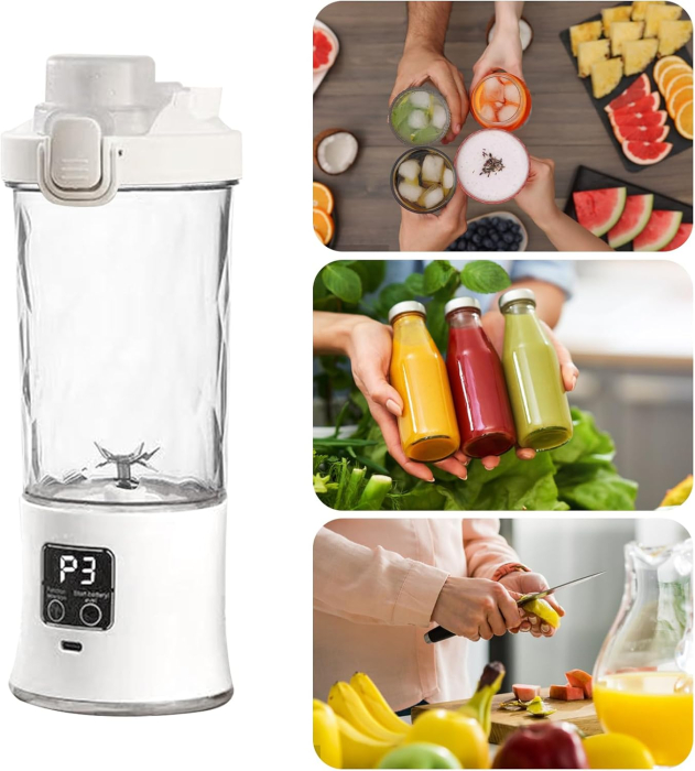 Storcător de fructe portabil, multifuncțional, 600 ml, baterie 1500 mAh, încărcare USB Type-C, zdrobire rapidă, cană dublă utilizare, iluminare LED [16]