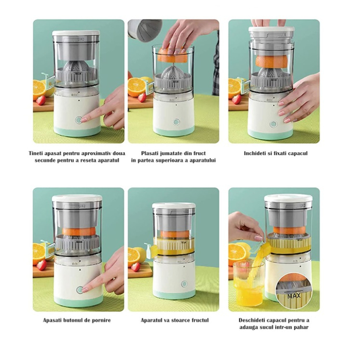 Storcător Electric de Citrice, Portabil, Alimentare USB, 45W, Turcoaz, Ușor de Folosit, Ideal pentru Suc Proaspăt Acasă sau în Călătorii [7]