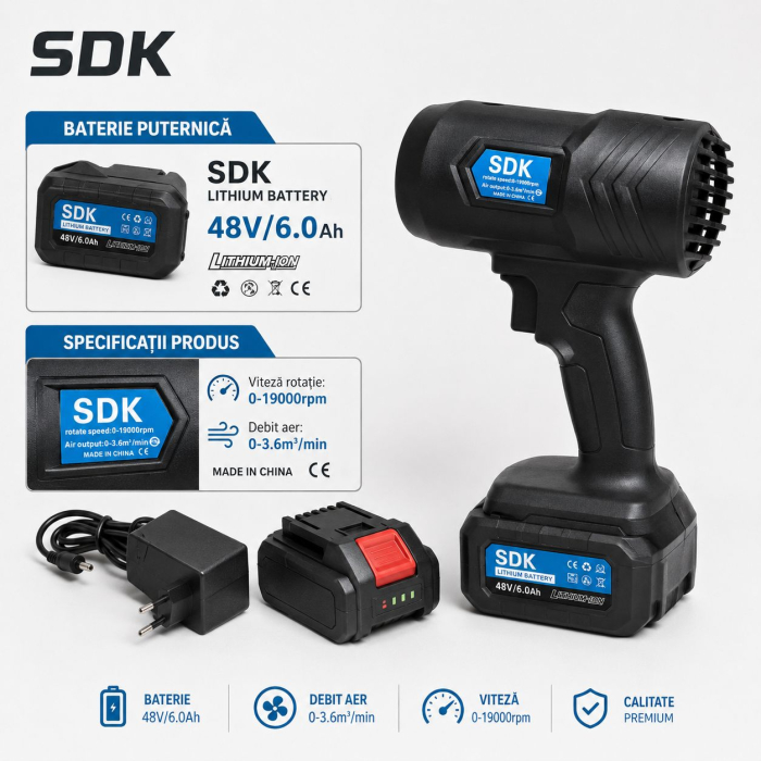 Suflantă fără fir 48V cu motor puternic, acumulator reîncărcabil și încărcător inclus, design compact și mâner ergonomic pentru utilizare confortabilă [2]