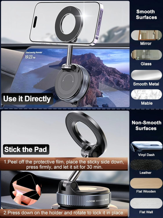 Suport Magnetic pentru Telefon cu Rotire 360°, Suport Auto cu Ventuză, Hands-Free, Compatibil cu Toate Smartphone-urile, Ideal pentru Mașină, Oglindă, Duș și Sală de Sport [4]