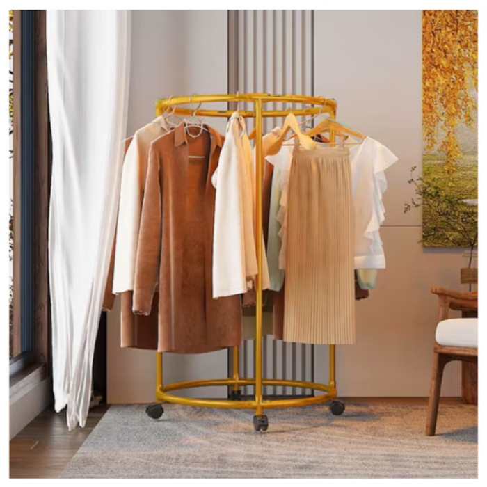 Suport rotund pentru haine, Oțel inoxidabil, Cu roți, Diametru bară 130 cm, Capacitate 40 kg, Auriu [5]