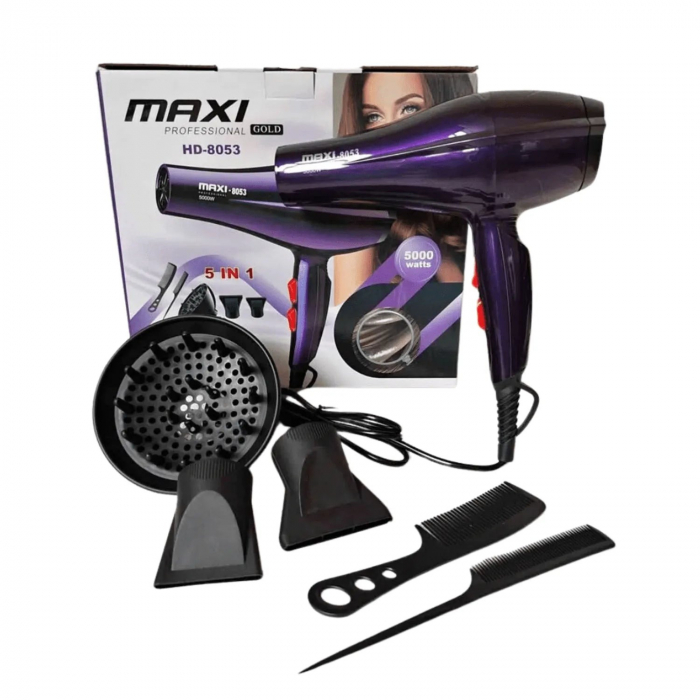 Uscător de Păr Profesional HD-8053, 5000W, 5 în 1, Aer Rece, Reglaj Temperatură + Accesorii engross [1]