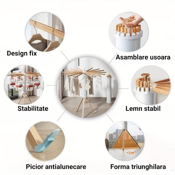 Uscător de Rufe / Suport de Haine Pliabil din Lemn Rezistent – Reglabil, 12/16 Bete, Rotire 360°, Protecție UV engross [11]