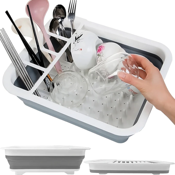 Uscător pliabil pentru vase și tacâmuri, Cu picurător, Silicon + Plastic, 31x16,2 cm, Gri-alb, Compartimente multiple [4]