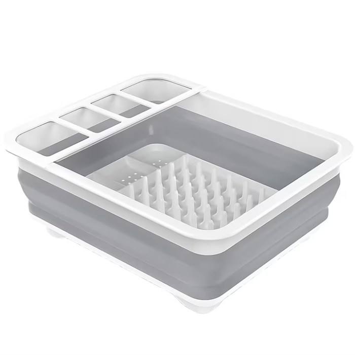 Uscător pliabil pentru vase și tacâmuri, Cu picurător, Silicon + Plastic, 31x16,2 cm, Gri-alb, Compartimente multiple [2]