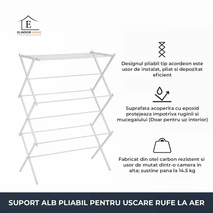 Uscător vertical rufe pliabil, 37x75x106 cm, oțel carbon, suport 14.5 kg, design compact tip acordeon, alb [6]