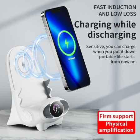 Suport Telefon Multifuncțional cu Încărcare Rapidă Wireless 15W – Mini Stație cu Difuzor și Decor, Compatibil Universal engross [3]