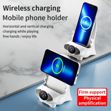 Suport Telefon Multifuncțional cu Încărcare Rapidă Wireless 15W – Mini Stație cu Difuzor și Decor, Compatibil Universal engross [2]