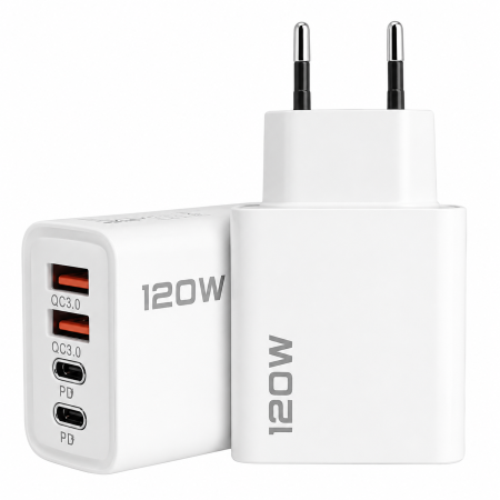 Accesorii Telefoane - Adaptor USB Fast Charging 120W, 4 Porturi, 2 x USB + 2 x Type-C, Încărcător Universal pentru Smartphone, Tabletă și Gadgeturi, Protecții Multiple, Alb