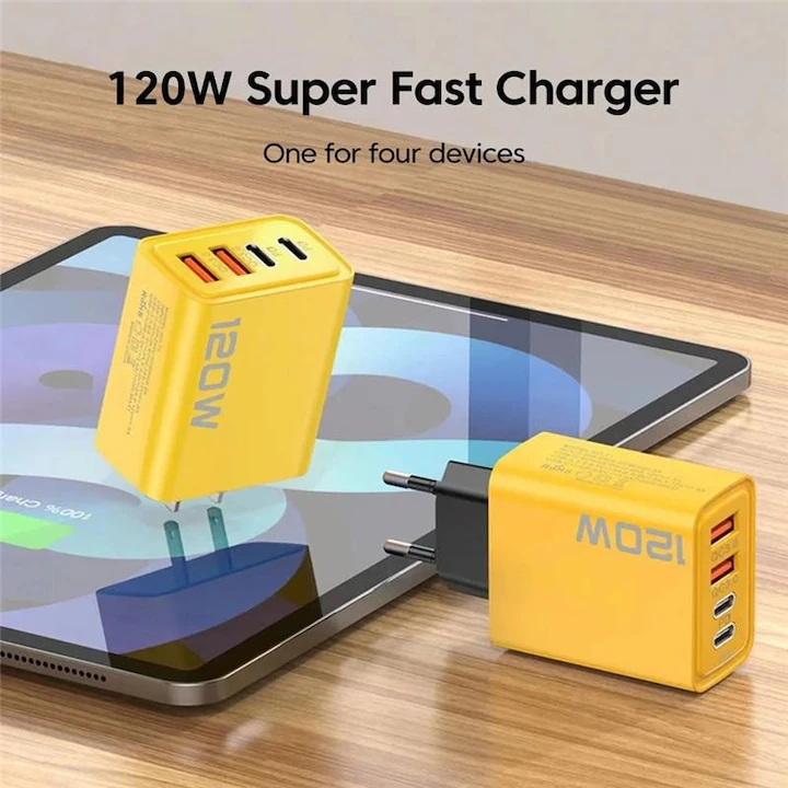 Adaptor USB Fast Charging 120W, 4 Porturi, 2 x USB + 2 x Type-C, Încărcător Universal pentru Smartphone, Tabletă și Gadgeturi, Protecții Multiple, Galben/Negru [1]